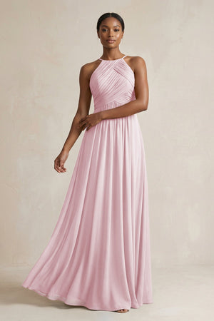 Halter Pleated Chiffon A - Line Bridesmaid Dress in Candy Pink - SHE IS ME Bridesmaid Dresses
