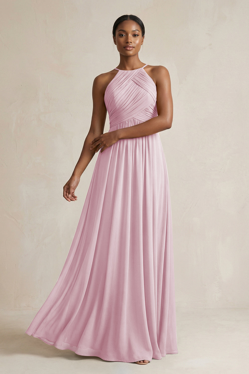 Halter Pleated Chiffon A-Line Bridesmaid Dress in Candy Pink