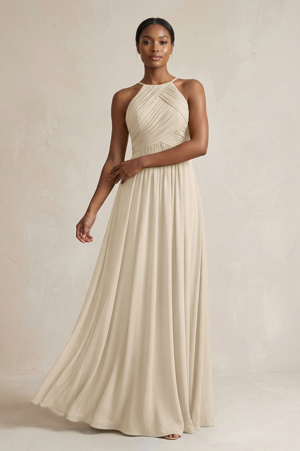 Halter Pleated Chiffon A - Line Bridesmaid Dress in Champagne - KISS BRIDAL Bridesmaid Dresses