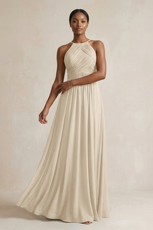 Halter Pleated Chiffon A - Line Bridesmaid Dress in Champagne - SHE IS ME Bridesmaid Dresses