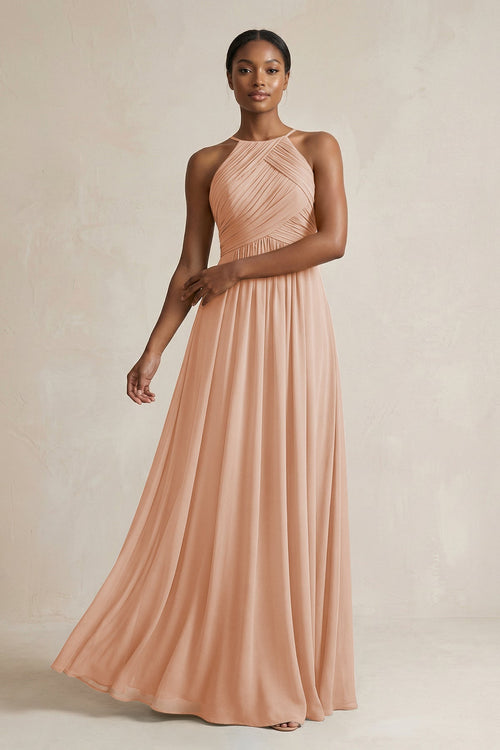 Halter Pleated Chiffon A - Line Bridesmaid Dress in Champagne Rose - SHE IS ME Bridesmaid Dresses