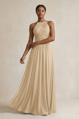 Halter Pleated Chiffon A-Line Bridesmaid Dress in Champagne | KISSBRIDAL