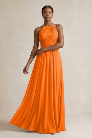 Halter Pleated Chiffon A - Line Bridesmaid Dress in Cinnamon - SHE IS ME Bridesmaid Dresses