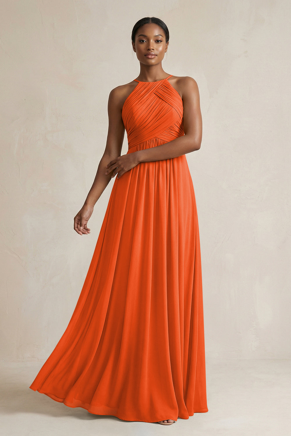 Halter Pleated Chiffon A-Line Bridesmaid Dress in Cinnamon