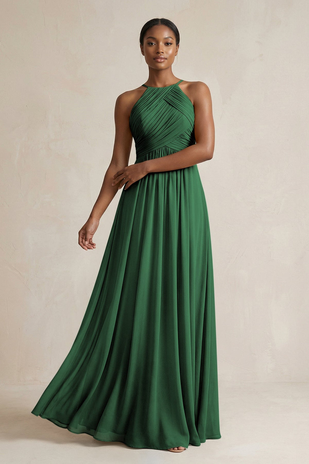 Halter Pleated Chiffon A - Line Bridesmaid Dress in Dark Green - KISS BRIDAL Bridesmaid Dresses
