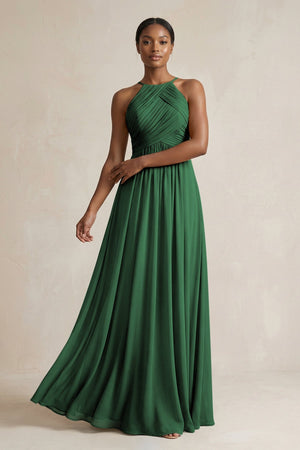 Halter Pleated Chiffon A - Line Bridesmaid Dress in Dark Green - SHE IS ME Bridesmaid Dresses