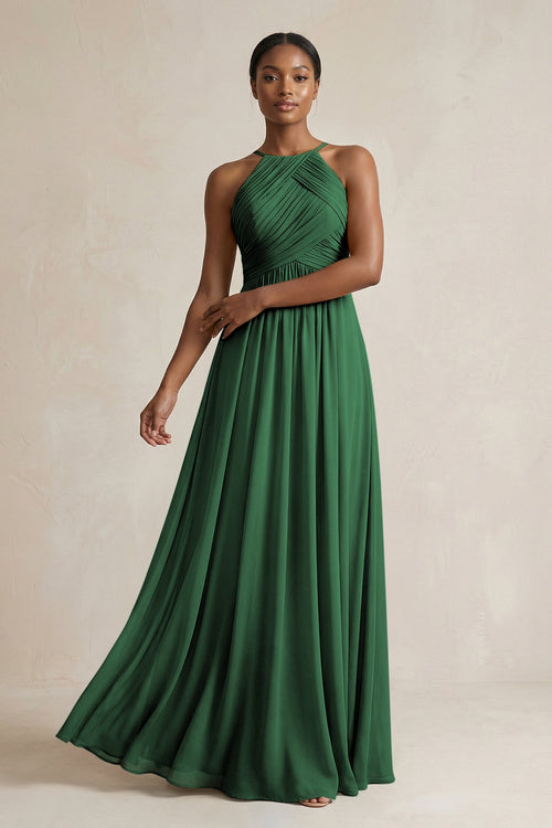 Halter Pleated Chiffon A - Line Bridesmaid Dress in Dark Green - SHE IS ME Bridesmaid Dresses