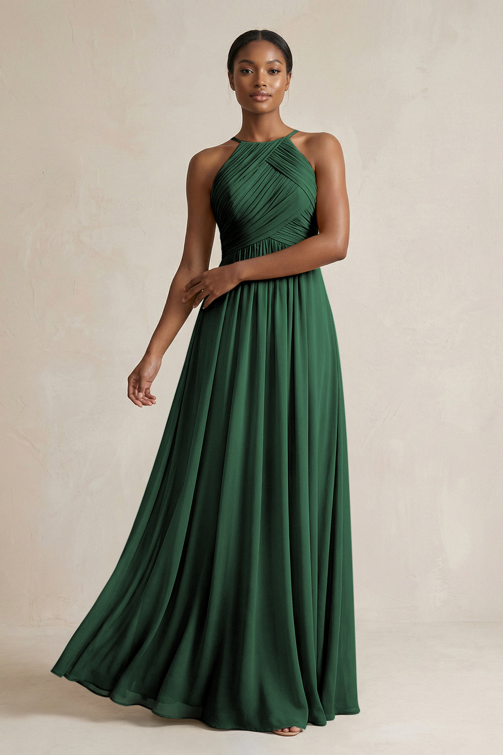 Halter Pleated Chiffon A-Line Bridesmaid Dress in Dark Green