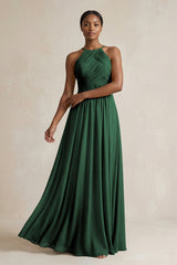 Halter Pleated Chiffon A-Line Bridesmaid Dress in Dark Green | KISSBRIDAL