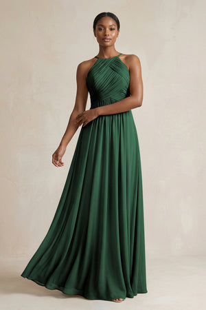 Halter Pleated Chiffon A-Line Bridesmaid Dress in Dark Green | KISSBRIDAL