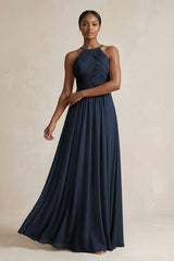 Halter Pleated Chiffon A - Line Bridesmaid Dress in Dark Navy - KISS BRIDAL Bridesmaid Dresses