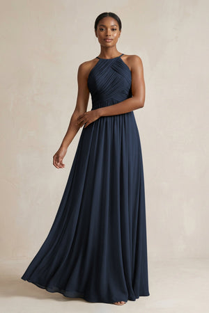 Halter Pleated Chiffon A - Line Bridesmaid Dress in Dark Navy - KISS BRIDAL Bridesmaid Dresses