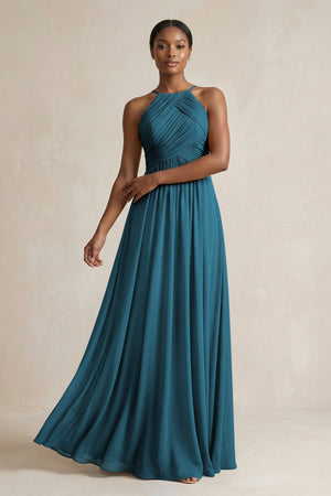 Halter Pleated Chiffon A - Line Bridesmaid Dress in Dark Teal - SHE IS ME Bridesmaid Dresses