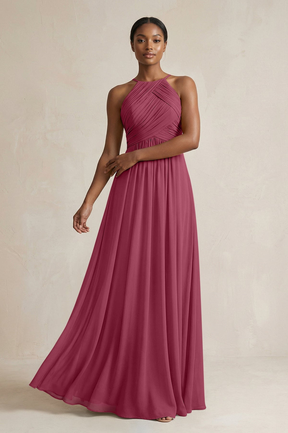 Halter Pleated Chiffon A - Line Bridesmaid Dress in Desert Rose - KISS BRIDAL Bridesmaid Dresses