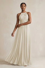 Halter Pleated Chiffon A - Line Bridesmaid Dress in Dove Gray - KISS BRIDAL Bridesmaid Dresses