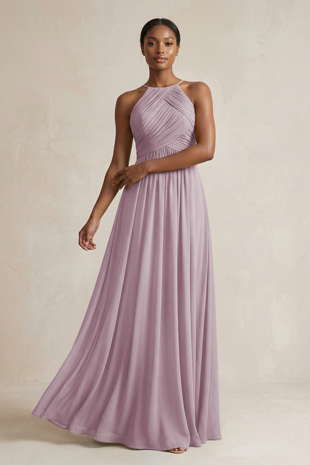 Halter Pleated Chiffon A - Line Bridesmaid Dress in Dusk - KISS BRIDAL Bridesmaid Dresses