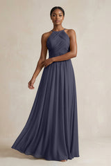 Halter Pleated Chiffon A - Line Bridesmaid Dress in Dusk Blue - KISS BRIDAL Bridesmaid Dresses