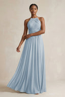 Halter Pleated Chiffon A - Line Bridesmaid Dress in Dusty Blue - SHE IS ME Bridesmaid Dresses