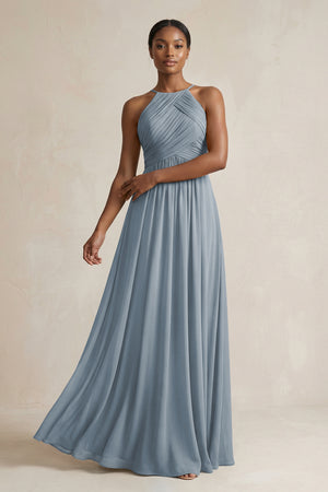 Halter Pleated Chiffon A-Line Bridesmaid Dress in Dusty Blue | KISSBRIDAL