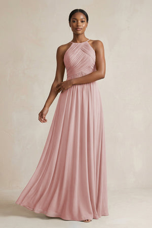 Halter Pleated Chiffon A - Line Bridesmaid Dress in Dusty Rose - SHE IS ME Bridesmaid Dresses