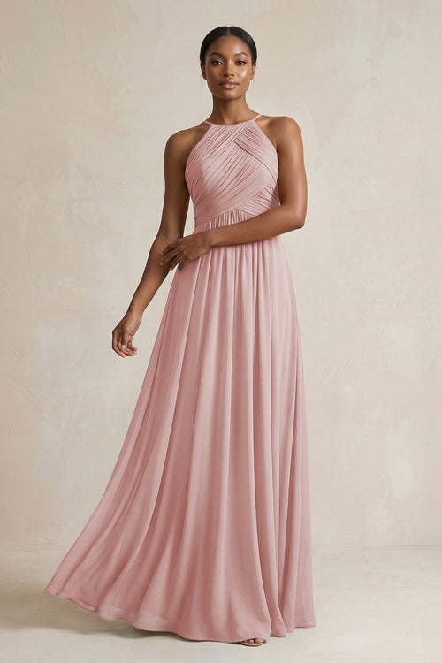 Halter Pleated Chiffon A - Line Bridesmaid Dress in Dusty Rose - SHE IS ME Bridesmaid Dresses