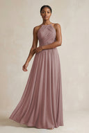 Halter Pleated Chiffon A-Line Bridesmaid Dress in Dusty Rose | KISSBRIDAL