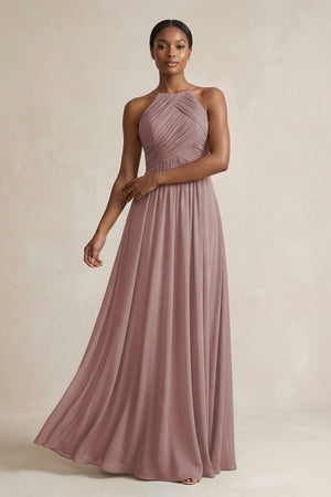 Halter Pleated Chiffon A-Line Bridesmaid Dress in Dusty Rose | KISSBRIDAL