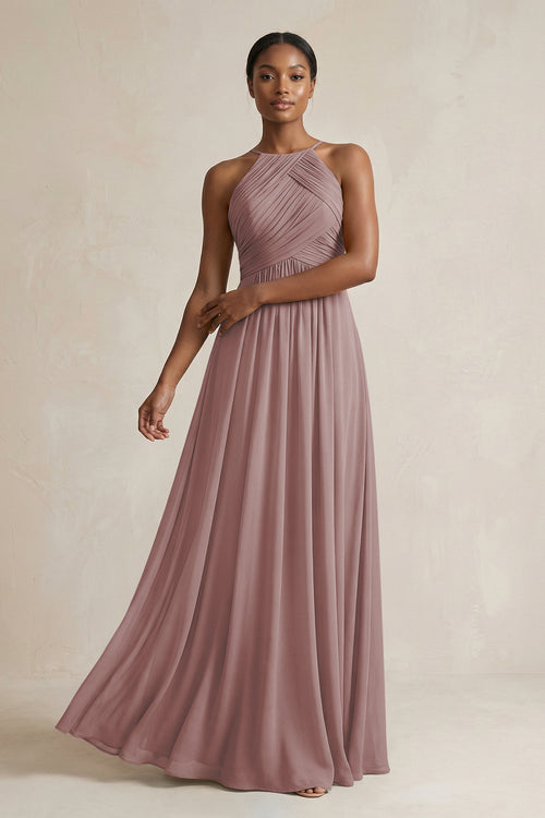 Halter Pleated Chiffon A-Line Bridesmaid Dress in Dusty Rose | KISSBRIDAL