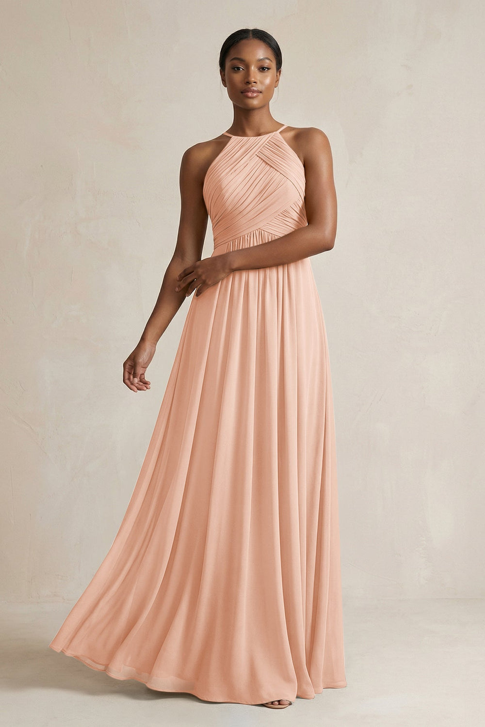 Halter Pleated Chiffon A - Line Bridesmaid Dress in English Rose - KISS BRIDAL Bridesmaid Dresses