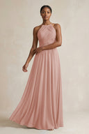 Halter Pleated Chiffon A-Line Bridesmaid Dress in English Rose | KISSBRIDAL