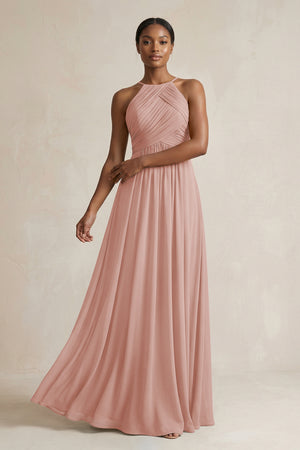Halter Pleated Chiffon A-Line Bridesmaid Dress in English Rose | KISSBRIDAL