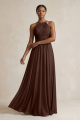 Halter Pleated Chiffon A - Line Bridesmaid Dress in Espresso - KISS BRIDAL Bridesmaid Dresses