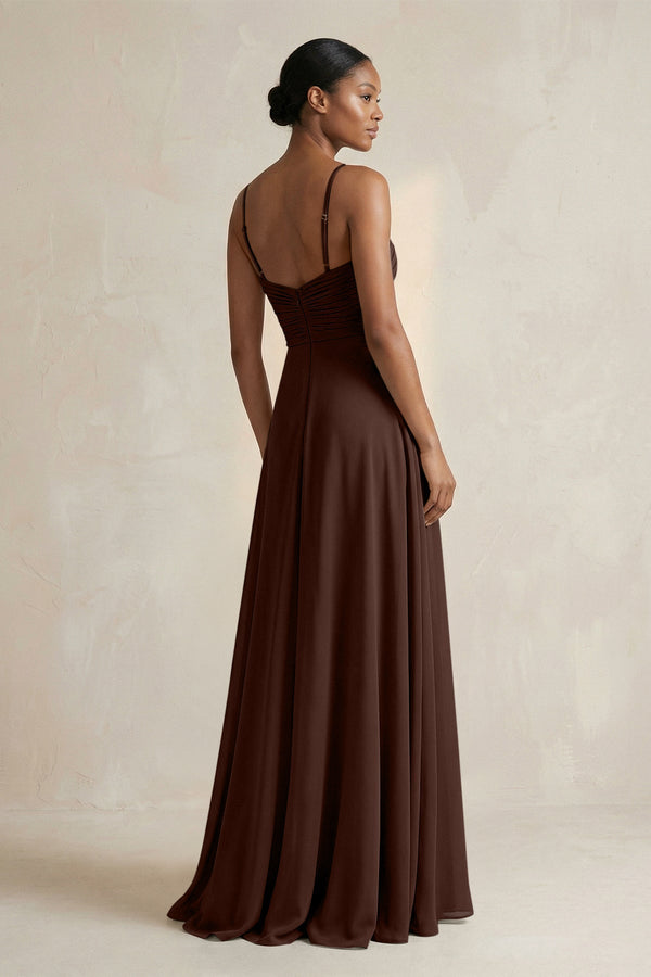 Halter Pleated Chiffon A - Line Bridesmaid Dress in Espresso - KISS BRIDAL Bridesmaid Dresses