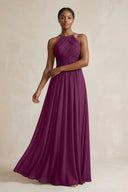 Halter Pleated Chiffon A - Line Bridesmaid Dress in Fig - SHE IS ME Bridesmaid Dresses