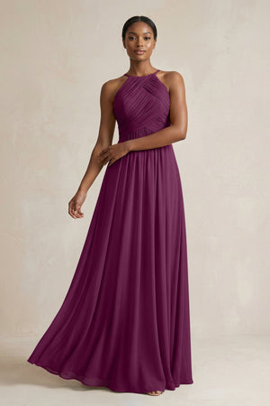Halter Pleated Chiffon A - Line Bridesmaid Dress in Fig - SHE IS ME Bridesmaid Dresses