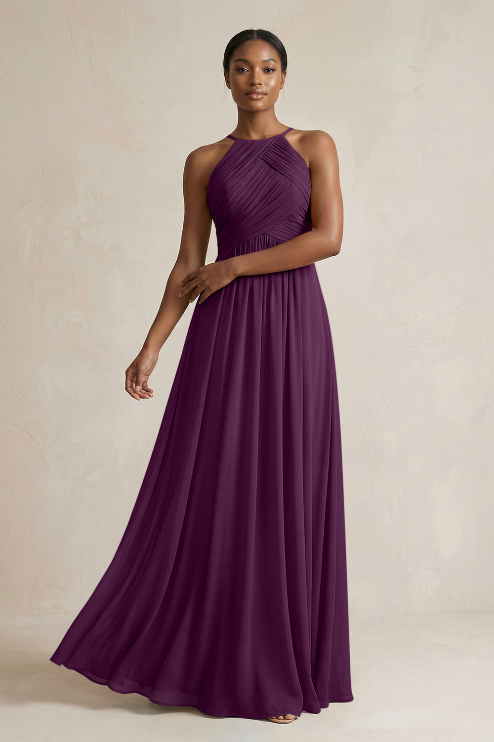 Halter Pleated Chiffon A-Line Bridesmaid Dress in Fig