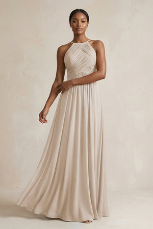 Halter Pleated Chiffon A - Line Bridesmaid Dress in Frost - KISS BRIDAL Bridesmaid Dresses