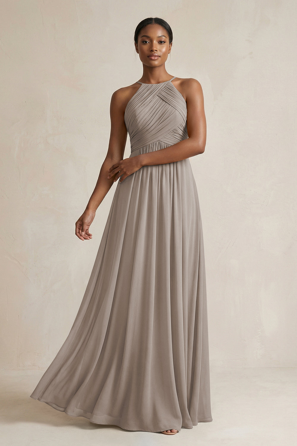 Halter Pleated Chiffon A-Line Bridesmaid Dress in Frost