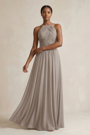 Halter Pleated Chiffon A-Line Bridesmaid Dress in Frost | KISSBRIDAL