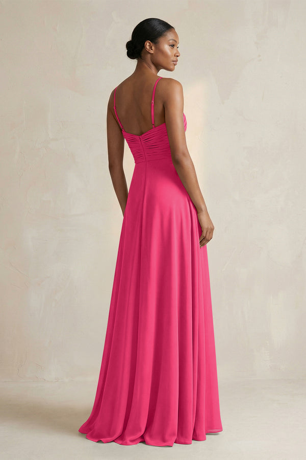 Halter Pleated Chiffon A-Line Bridesmaid Dress in Fuchsia (2) | KISSBRIDAL