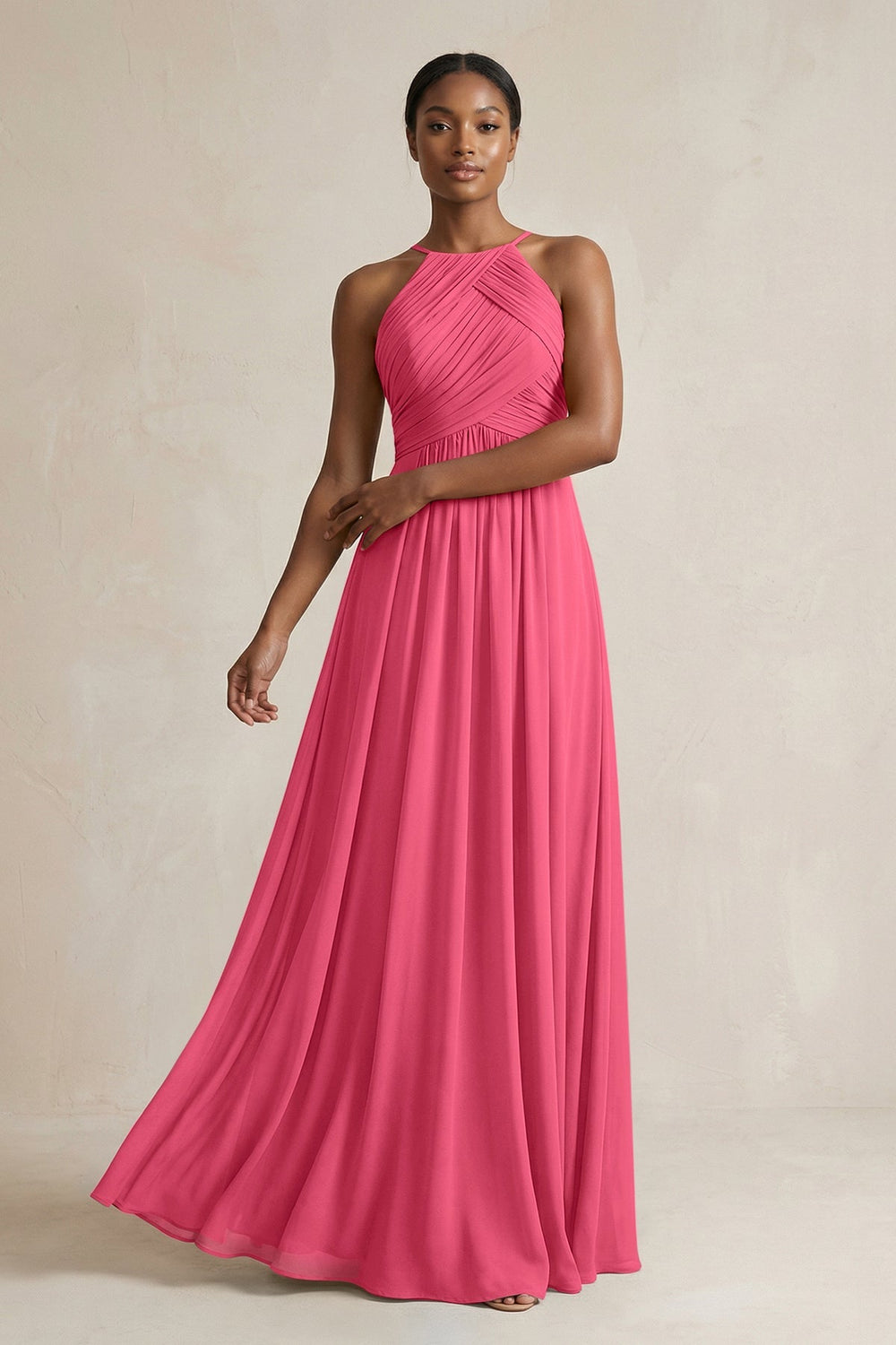 Halter Pleated Chiffon A - Line Bridesmaid Dress in Fuchsia - KISS BRIDAL Bridesmaid Dresses