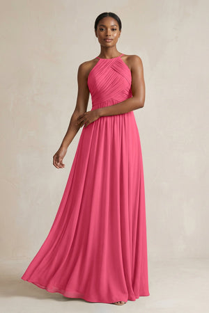 Halter Pleated Chiffon A - Line Bridesmaid Dress in Fuchsia - SHE IS ME Bridesmaid Dresses
