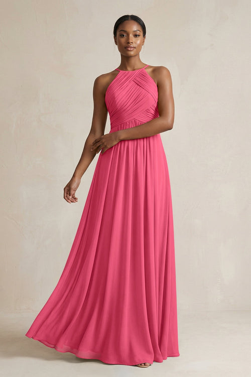 Halter Pleated Chiffon A - Line Bridesmaid Dress in Fuchsia - SHE IS ME Bridesmaid Dresses
