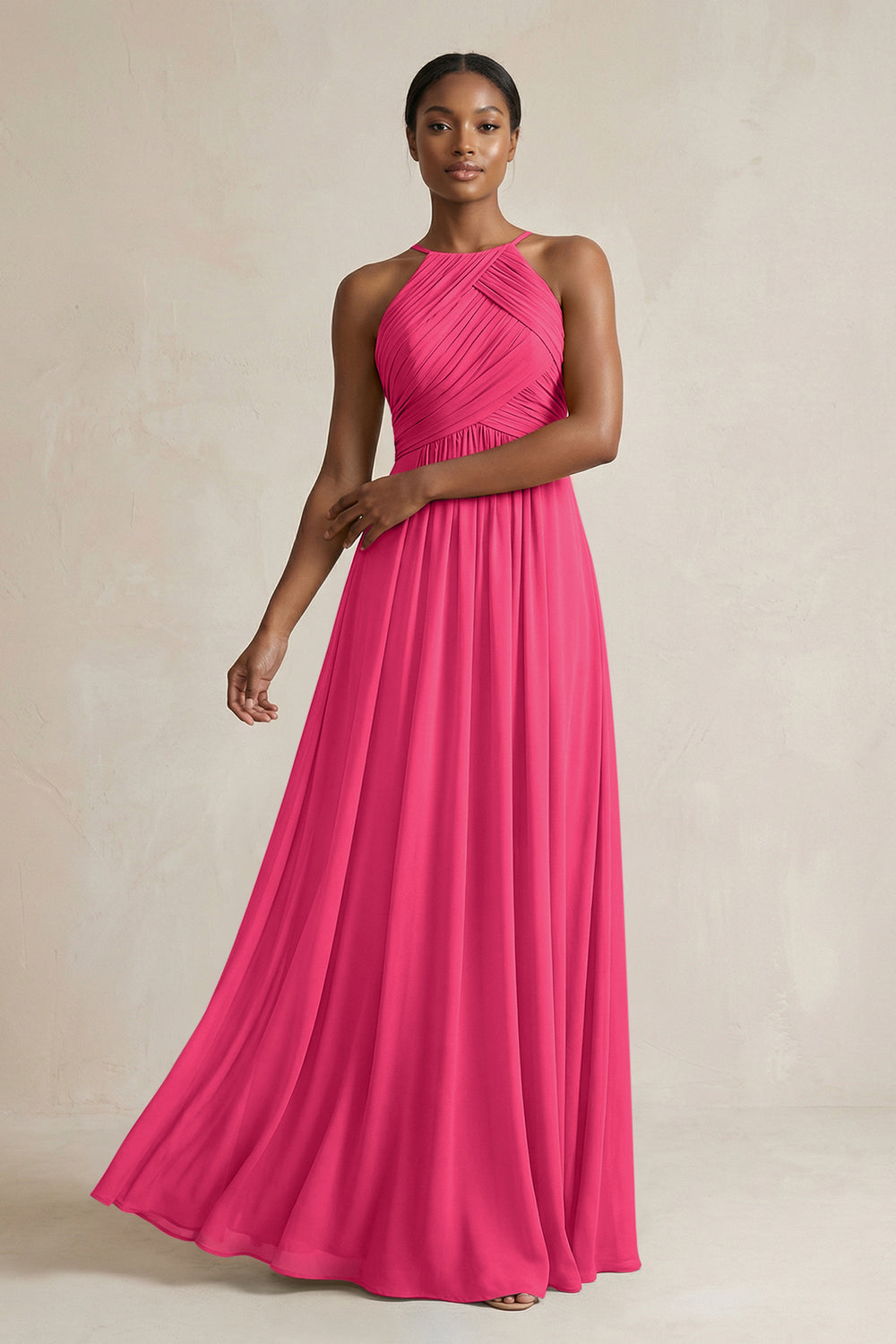 Halter Pleated Chiffon A-Line Bridesmaid Dress in Fuchsia