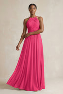 Halter Pleated Chiffon A-Line Bridesmaid Dress in Fuchsia | KISSBRIDAL