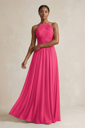 Halter Pleated Chiffon A-Line Bridesmaid Dress in Fuchsia | KISSBRIDAL