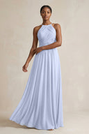Halter Pleated Chiffon A - Line Bridesmaid Dress in Ice - SHE IS ME Bridesmaid Dresses