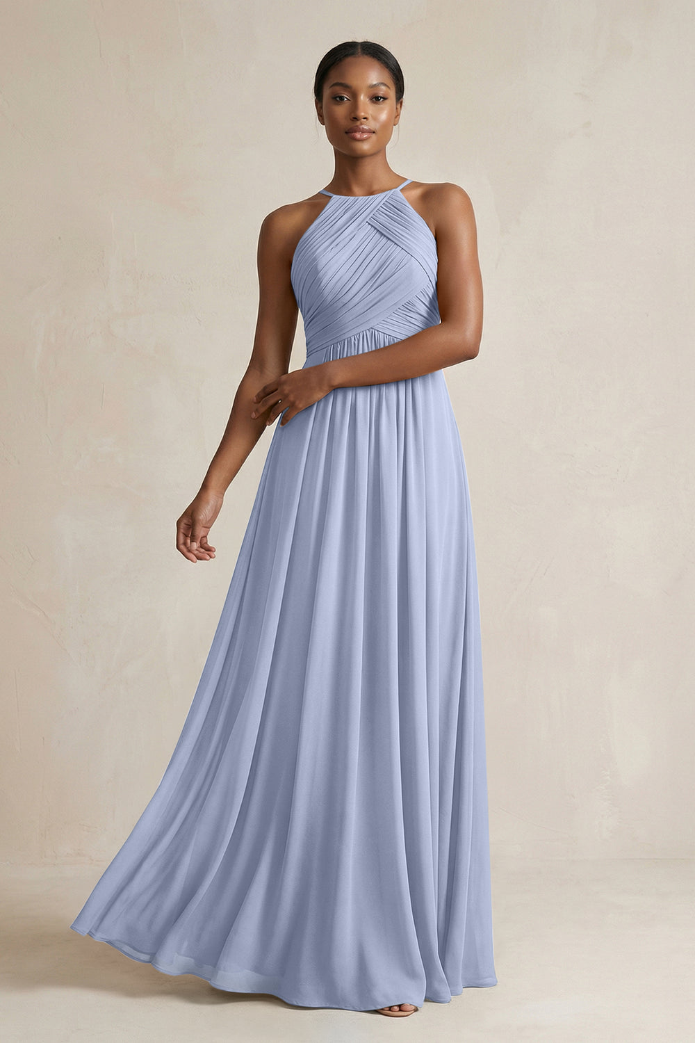 Halter Pleated Chiffon A-Line Bridesmaid Dress in Ice