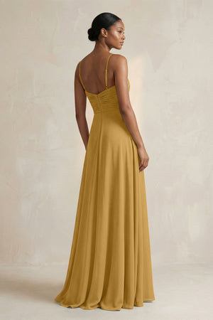 Halter Pleated Chiffon A-Line Bridesmaid Dress in Marigold (2) | KISSBRIDAL