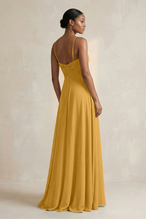 Halter Pleated Chiffon A - Line Bridesmaid Dress in Marigold - SHE IS ME Bridesmaid Dresses